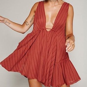 •FREE PEOPLE• Smock Tie Back Mini Dress Taupe XS